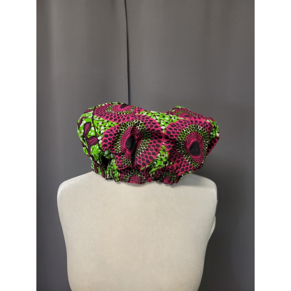 African Wax Print Hair Bonnet Pink Green Reversible Satin Lined OS